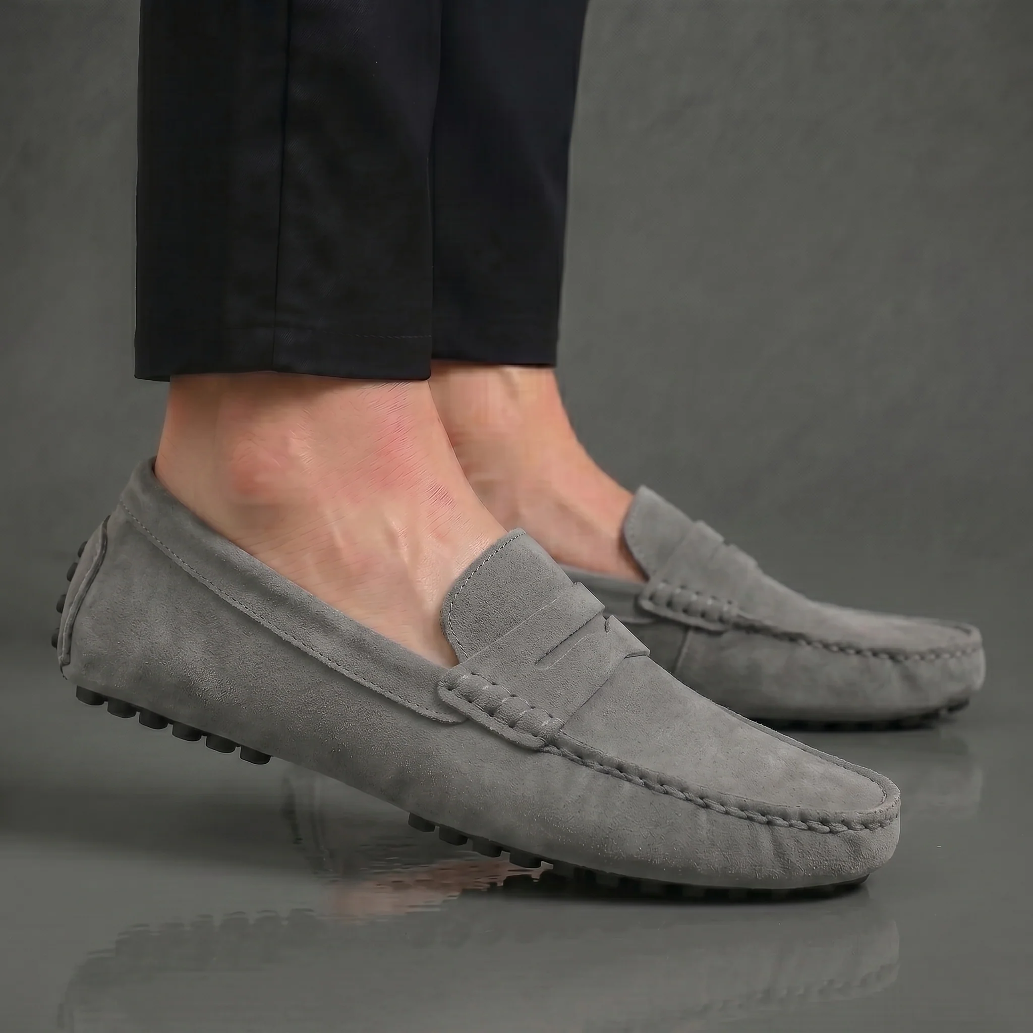 Mocassin Daim Gris Tres Confortable  - Pour Hommes
