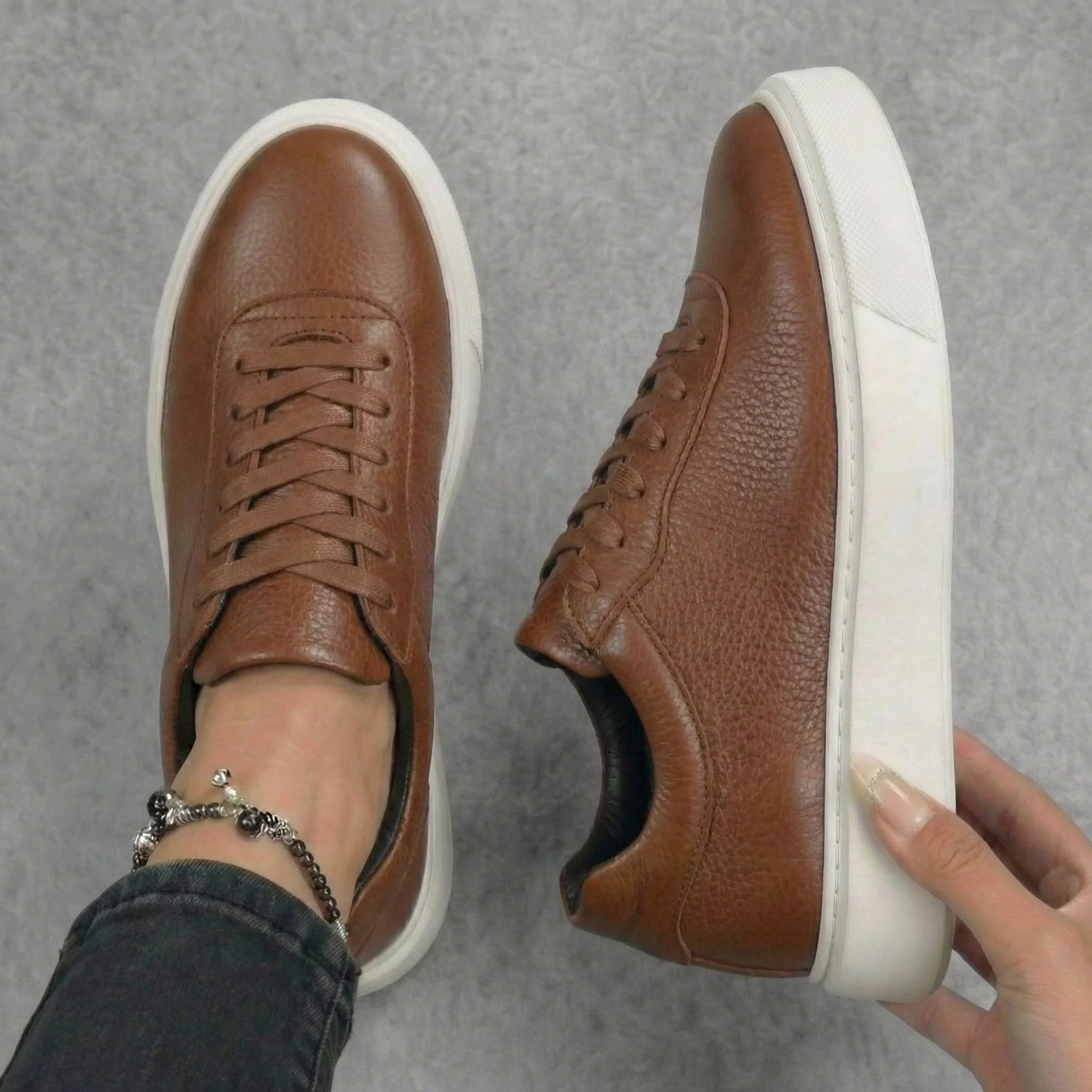 Sneakers Camel en Cuir Grainé Tres Confortable - Femme - Image 3