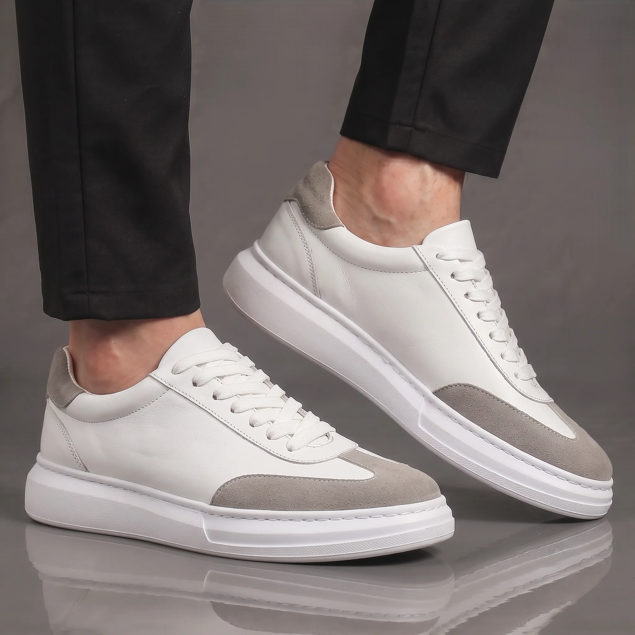 Alba : Sneaker Cuir Blanc & Daim Gris - hommes - Image 2