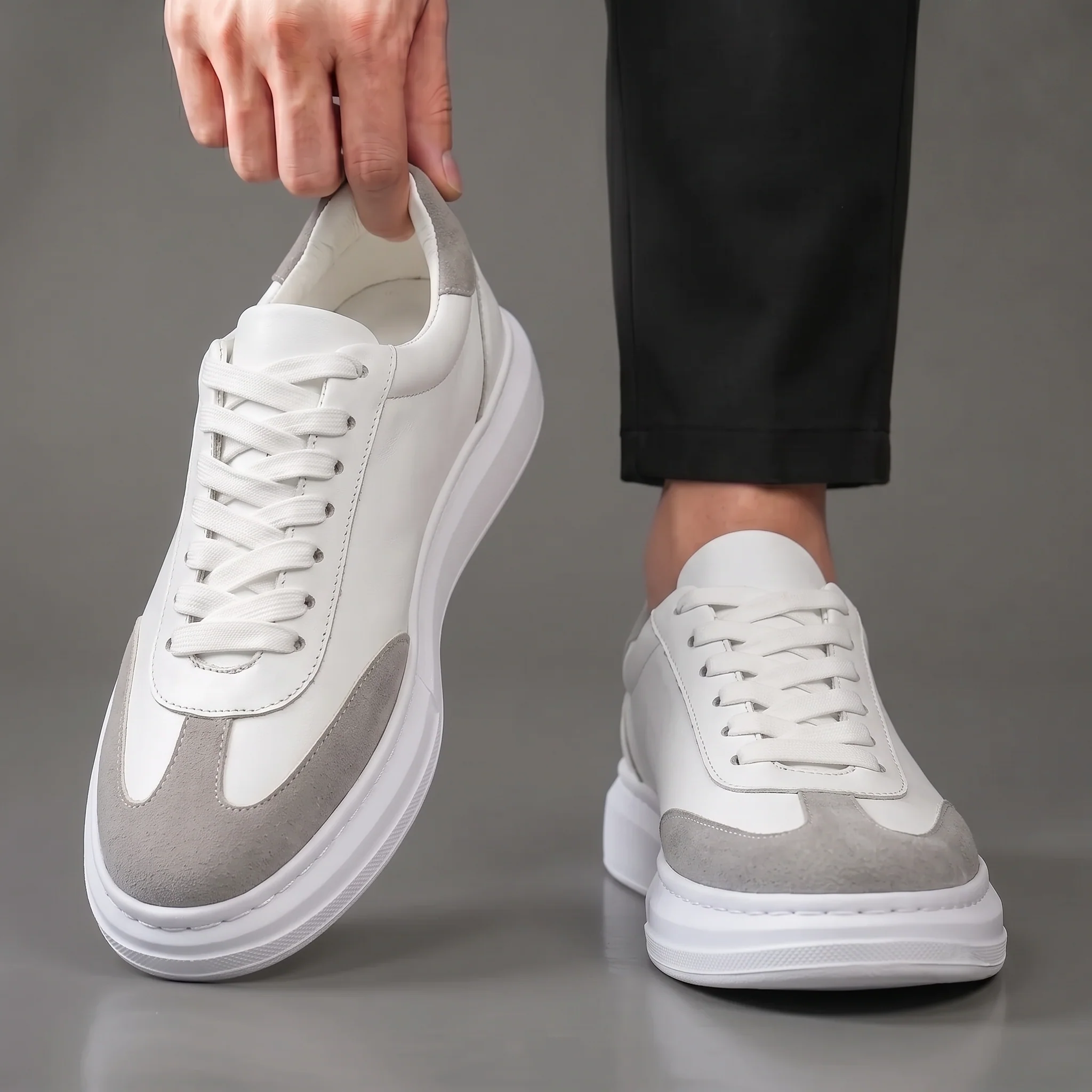 Alba : Sneaker Cuir Blanc & Daim Gris - hommes - Image 3