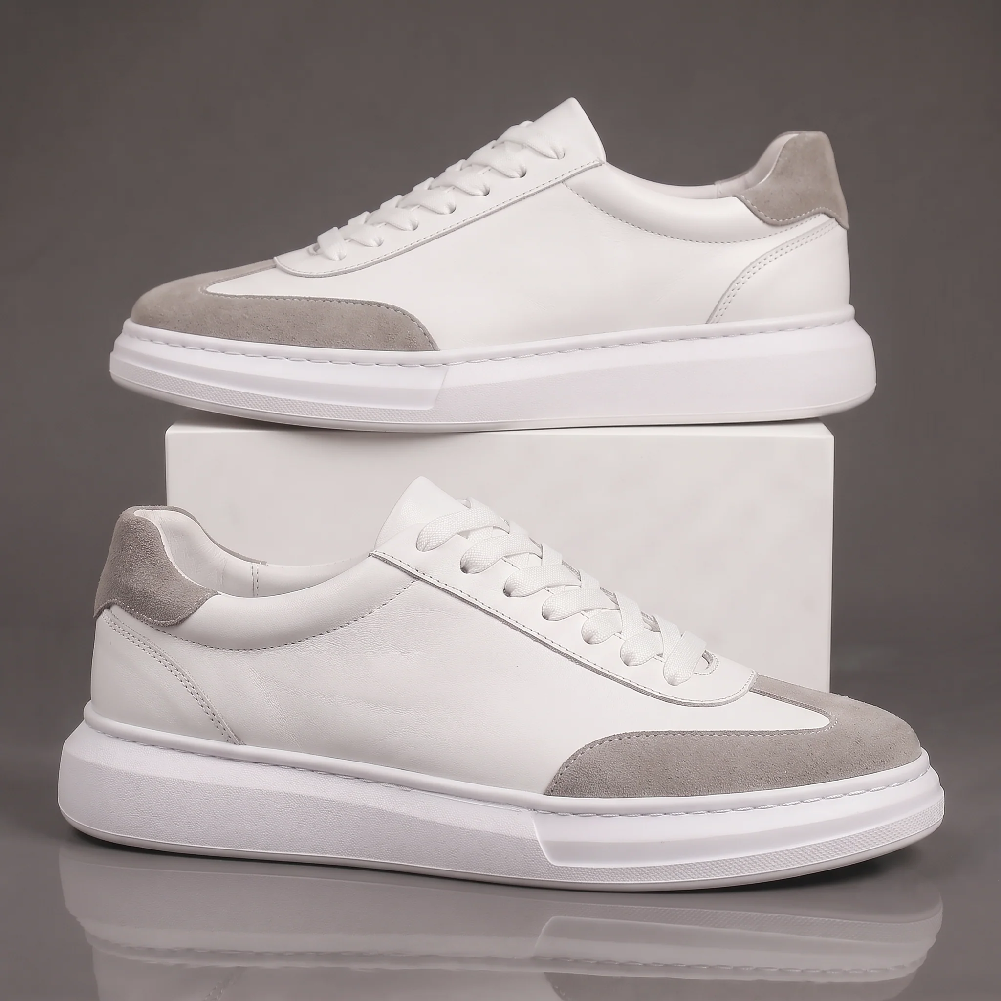 Alba : Sneaker Cuir Blanc & Daim Gris - hommes - Image 4