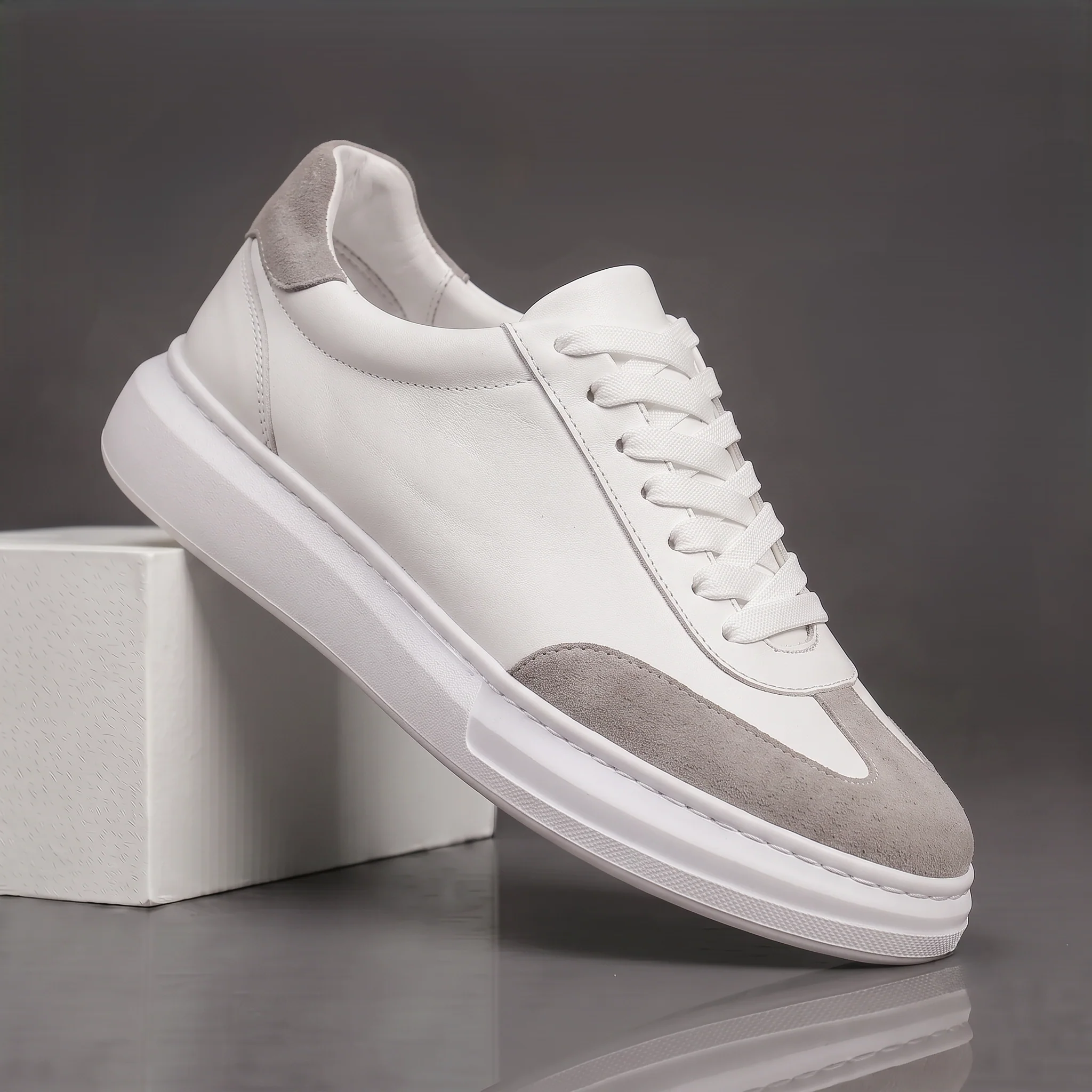 Alba : Sneaker Cuir Blanc & Daim Gris - hommes - Image 5