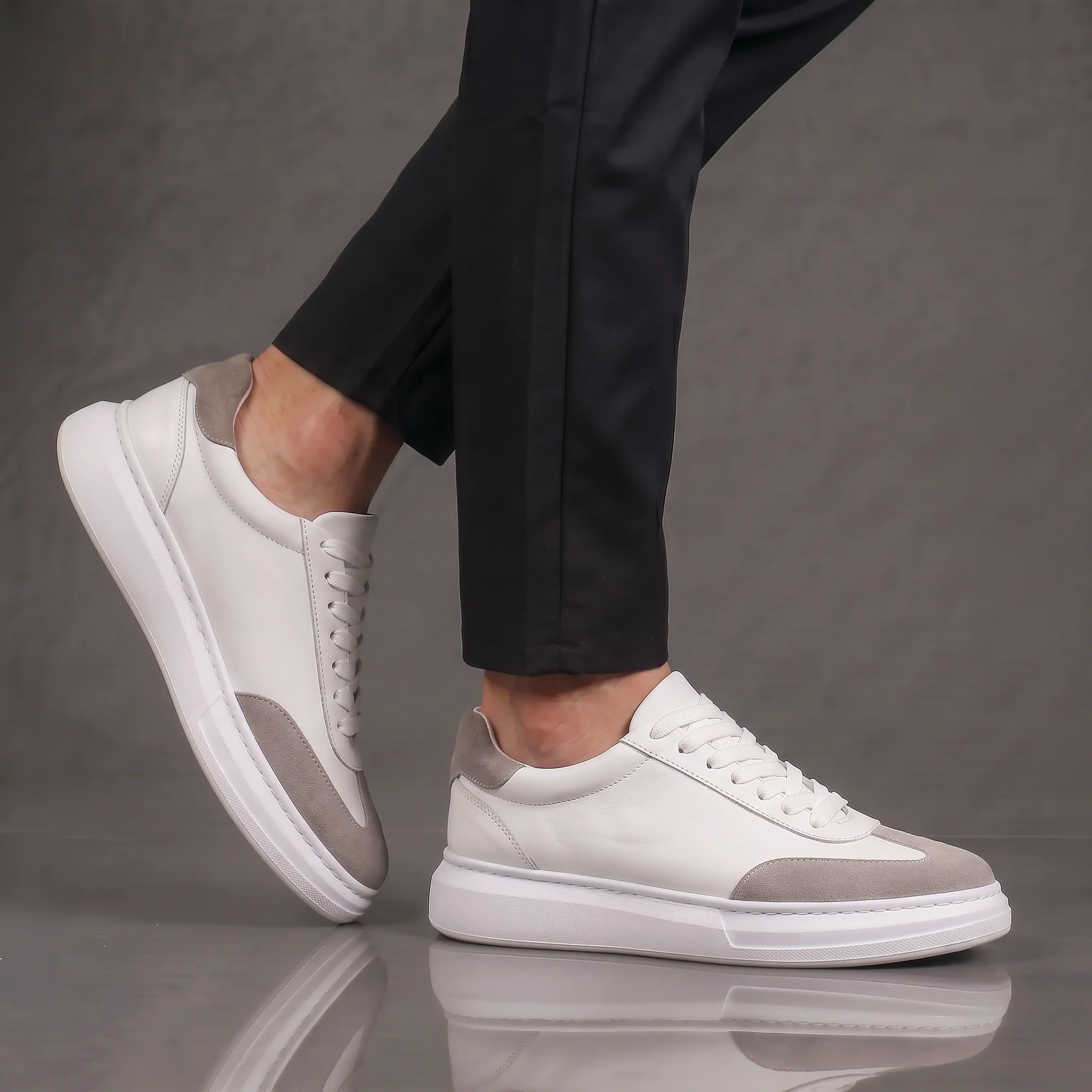 Alba : Sneaker Cuir Blanc & Daim Gris - hommes - Image 6