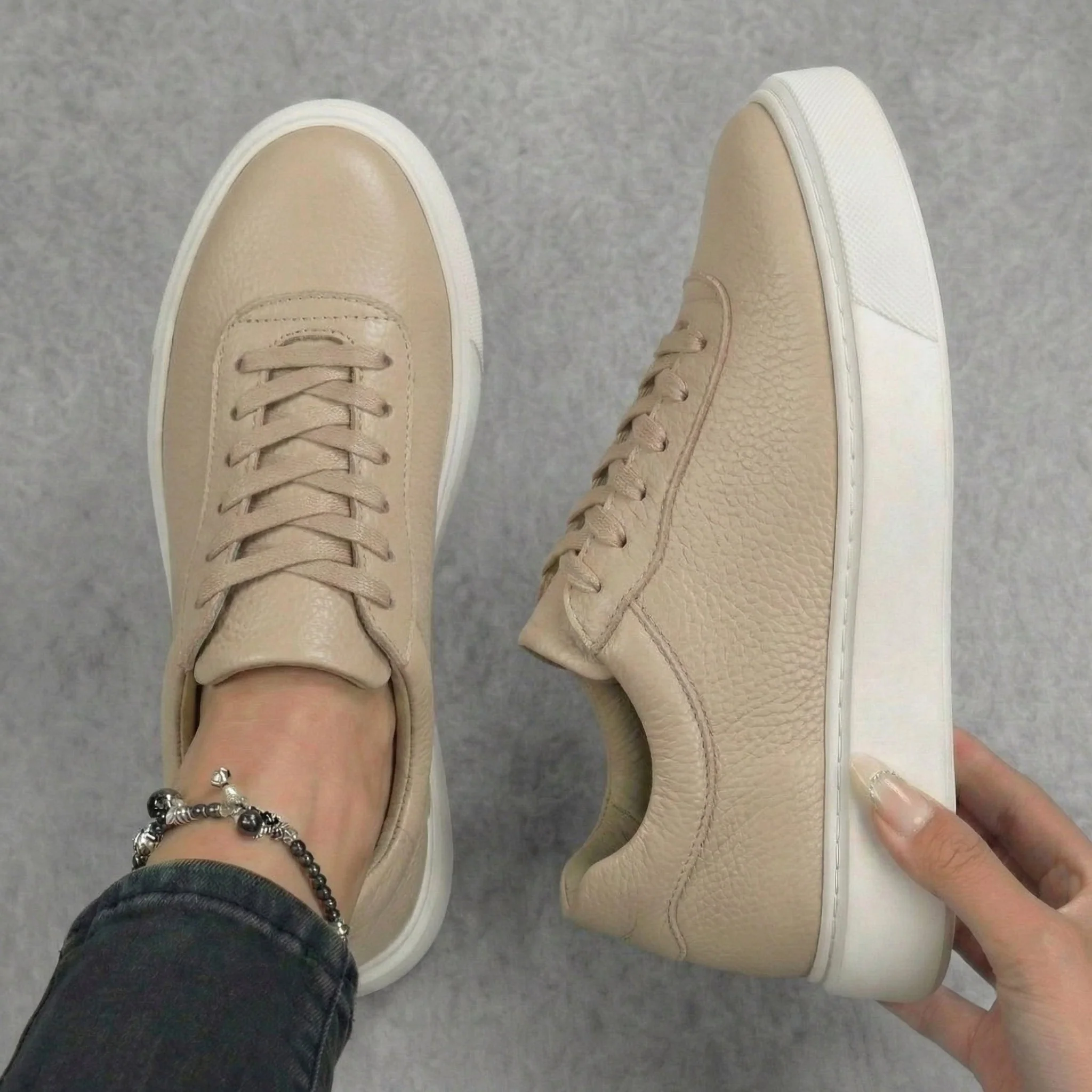 Sneakers Beige en Cuir Grainé Tres Confortable - Femme - Image 3