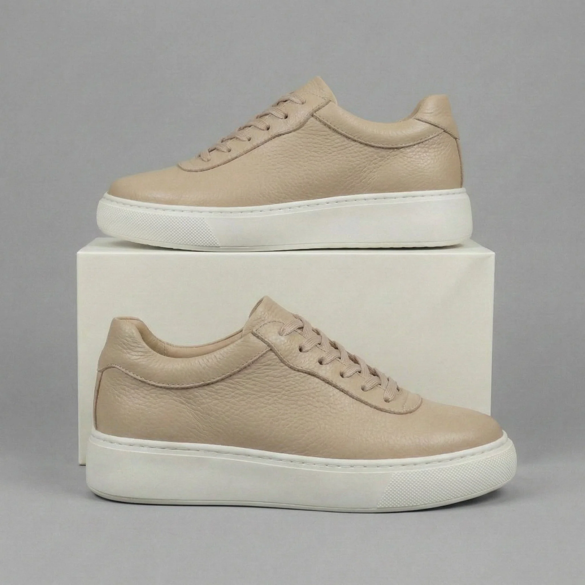 Sneakers Beige en Cuir Grainé Tres Confortable - Femme - Image 4