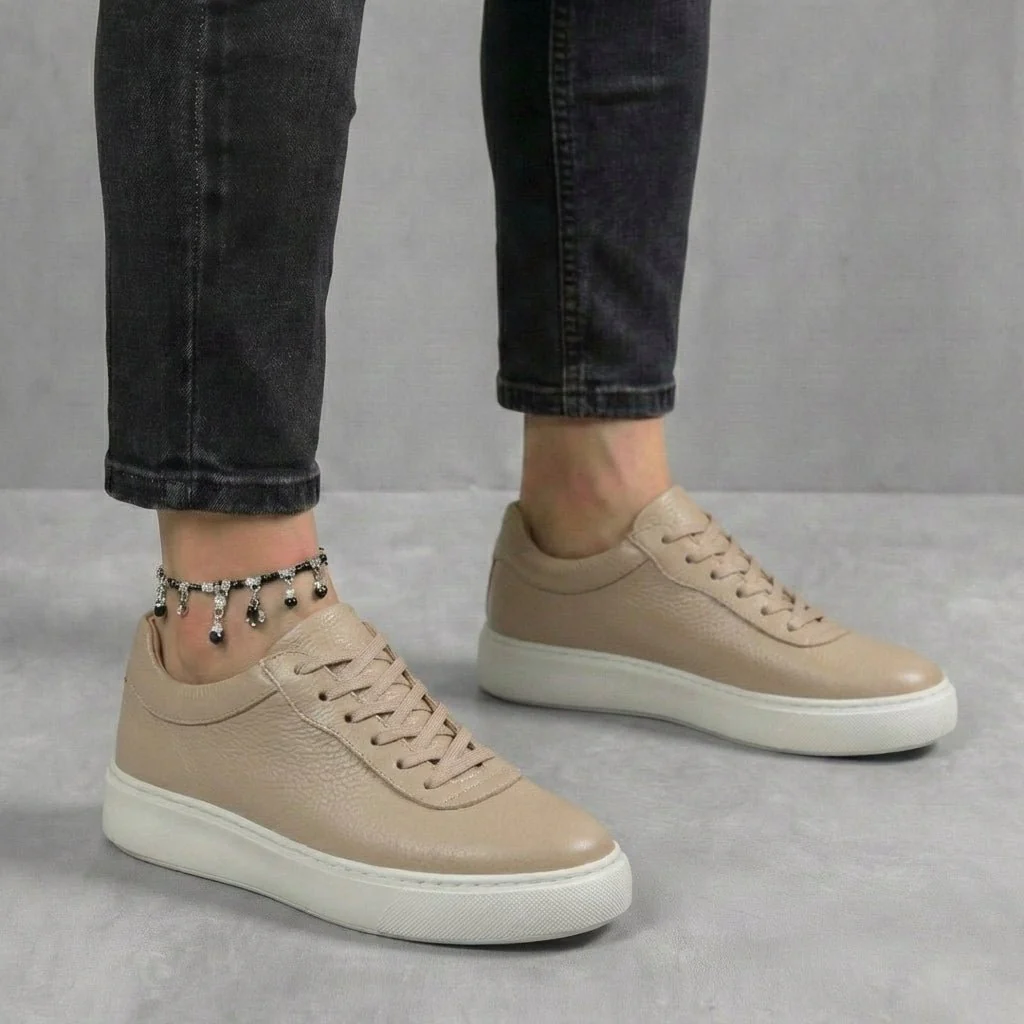 Sneakers Beige en Cuir Grainé Tres Confortable - Femme - Image 6