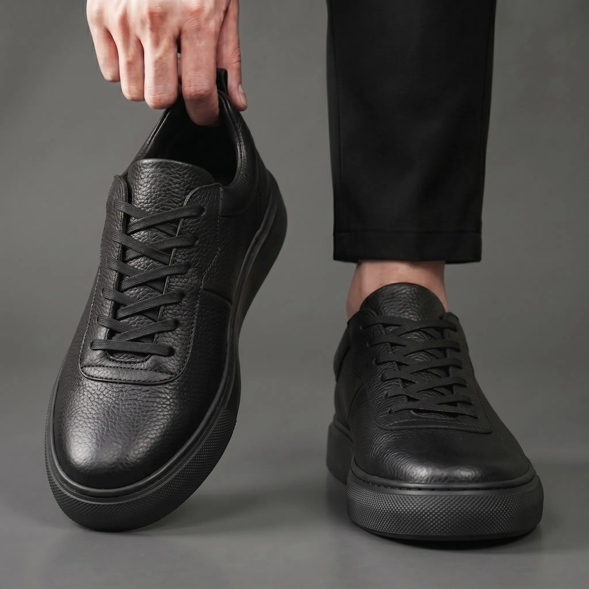 Sneakers Noir en Cuir Grainé - Semelle Noir Légère Confortable - Image 3