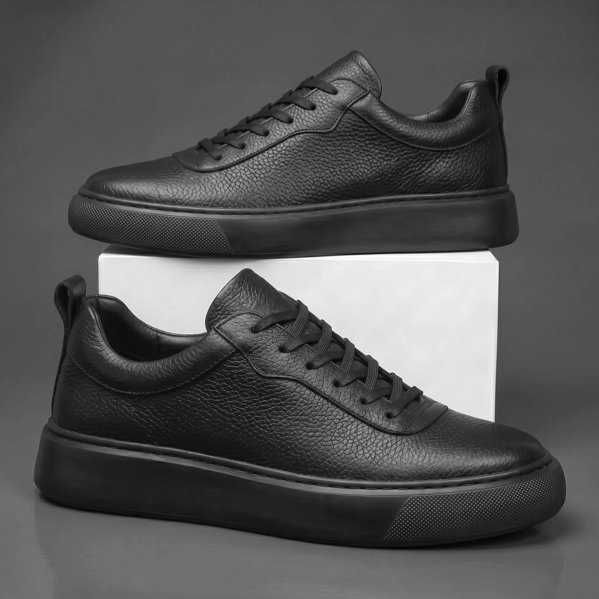 Sneakers Noir en Cuir Grainé - Semelle Noir Légère Confortable - Image 4