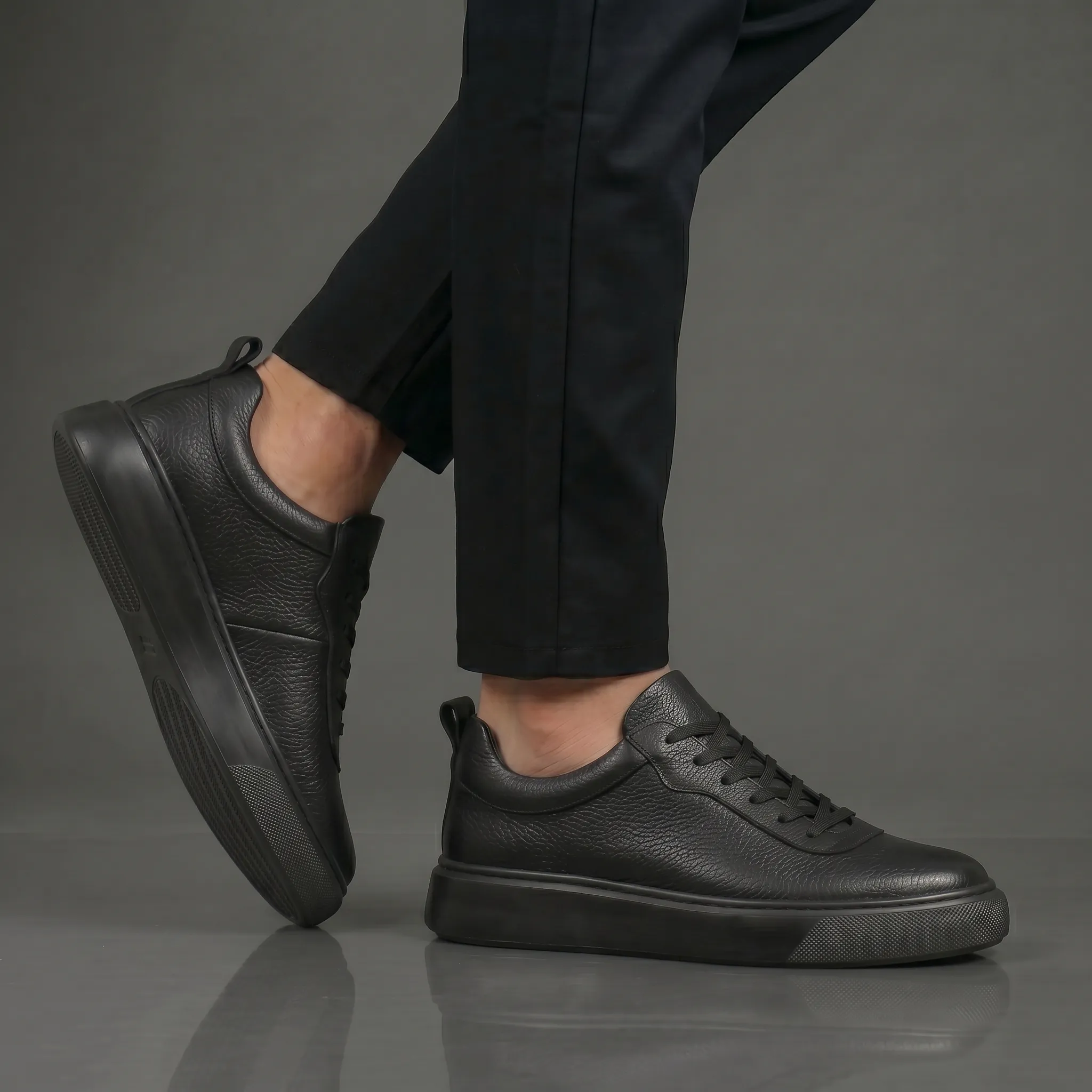 Sneakers Noir en Cuir Grainé - Semelle Noir Légère Confortable - Image 5