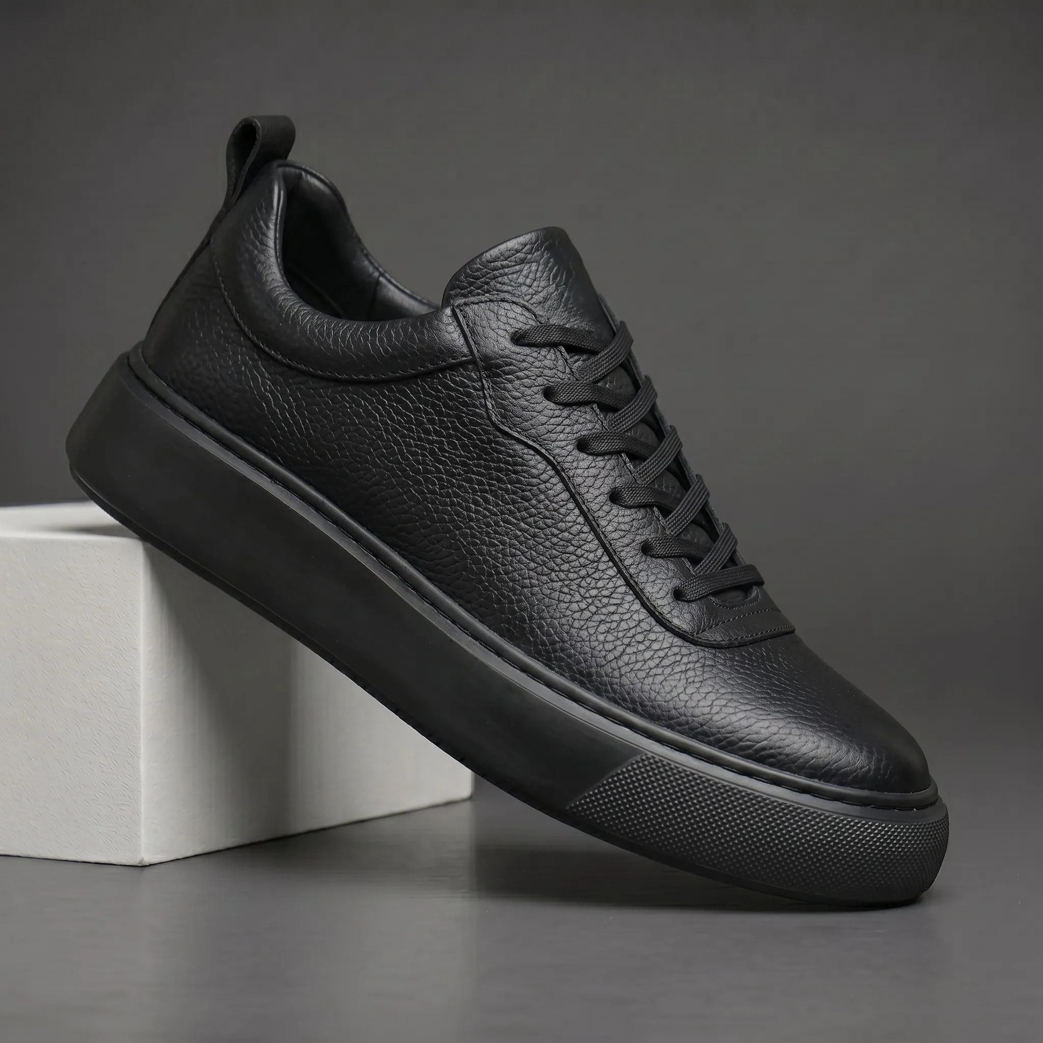 Sneakers Noir en Cuir Grainé - Semelle Noir Légère Confortable - Image 6