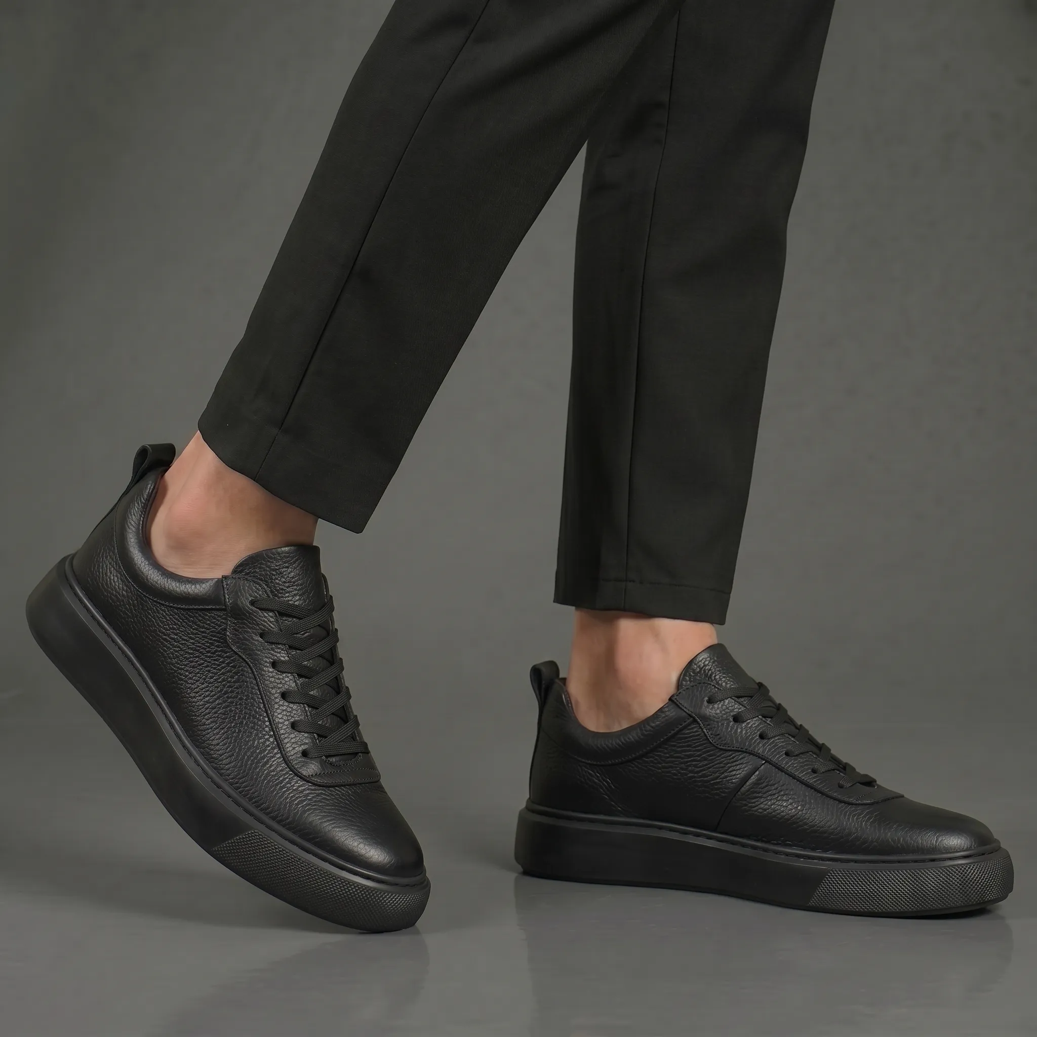Sneakers Noir en Cuir Grainé - Semelle Noir Légère Confortable - Image 7