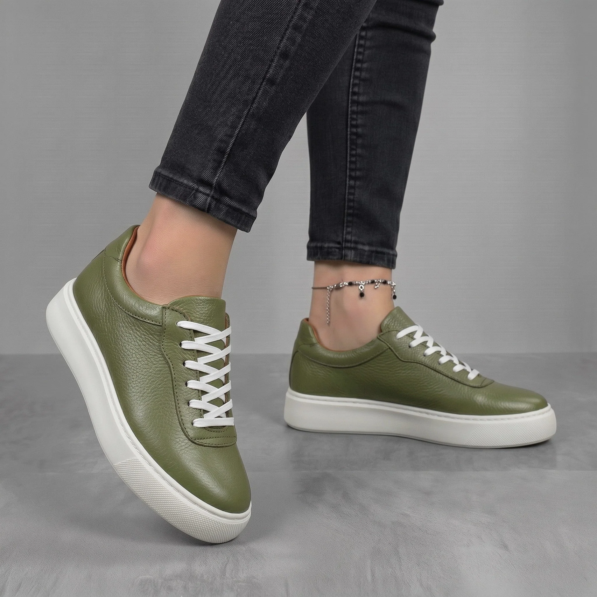 Sneakers Vert en Cuir Grainé Tres Confortable - Femme - Image 2
