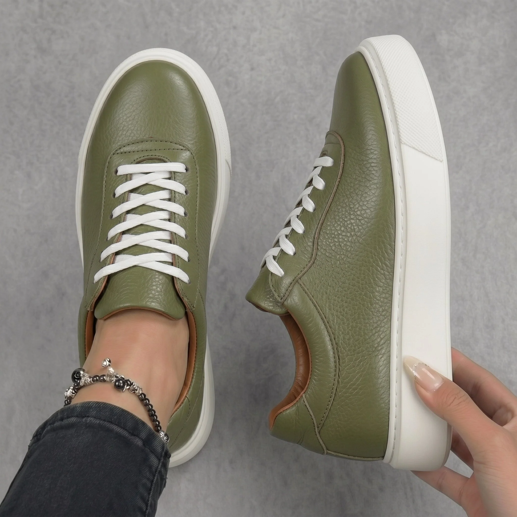 Sneakers Vert en Cuir Grainé Tres Confortable - Femme - Image 3